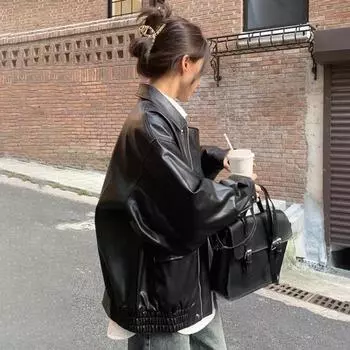 Женская куртка Yousheng из искусственной кожи с гладкой поверхностью, отложным воротником, застежкой-молнией, длинными рукавами, эластичными карманами по низу, ретро-мотоциклетное пальто M коричневый