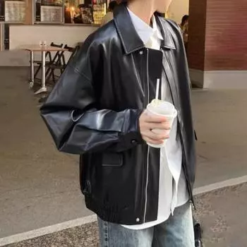 Женская куртка Yousheng из искусственной кожи с гладкой поверхностью, отложным воротником, застежкой-молнией, длинными рукавами, эластичными карманами по низу, ретро-мотоциклетное пальто M коричневый