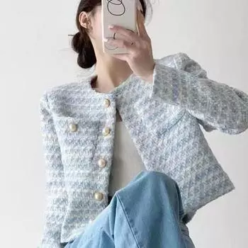 Женская куртка Yousheng Осень-Весна, ретро, с пуговицами, круглым вырезом, однобортная, с нагрудными карманами, длинными рукавами, свободная, для поездок на работу и свиданий S синий