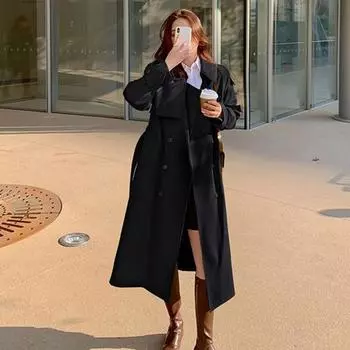 Женская куртка Yousheng осень-весна, двубортное пальто свободного покроя с отложным воротником и поясом, длина до середины икры, однотонное пальто OL для поездок на работу S чёрный