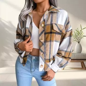 Женская куртка Yousheng осень-весна, контрастный клетчатый принт, отложной воротник, однобортная модель, ложные карманы, длинные рукава, свободное пальто для поездок на работу и свиданий S красный