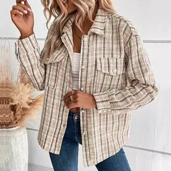 Женская куртка Yousheng осень-весна с отложным воротником в стиле ретро, клетчатым принтом, однобортным жакетом, нагрудными карманами, длинными рукавами, свободным пальто для поездок на работу и свиданий S хаки