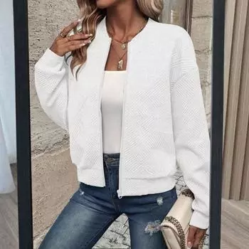 Женская куртка Yousheng Осень-зима на молнии, утолщенная, однотонная, с аппликацией из эластичной ткани, с манжетами, низом, кардиганом со стоячим воротником, свободными длинными рукавами, верхняя одежда, пальто S белый