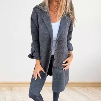 Женская куртка Yousheng с лацканами, шерстяное пальто с длинными рукавами, тонкая куртка с карманами для офиса, повседневный тонкий кардиган для осени и зимы XL темно-серого