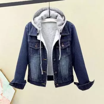 Женская куртка Yousheng с толстой флисовой подкладкой, однотонная, с карманами, отворотами, однобортная, с длинными рукавами, теплая свободная джинсовая куртка, повседневное пальто для активного отдыха M темно-синий