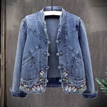 Женская куртка Yousheng с вышивкой в виде бабочки, однобортная, с длинным рукавом, однотонная, с отложным воротником, приталенная, в китайском стиле, женское джинсовое пальто 2XL синий