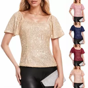 Женская квадратная горловина, модная, с коротким рукавом, блестками, рукавами-пузырями, модная, универсальная рубашка L бежевый