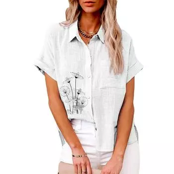 Женская льняная блузка больших размеров с коротким рукавом и цветочным принтом, повседневная женская футболка на пуговицах S белый