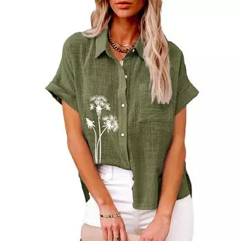 Женская льняная блузка больших размеров с цветочным принтом, короткий рукав, повседневная женская футболка на пуговицах S белый