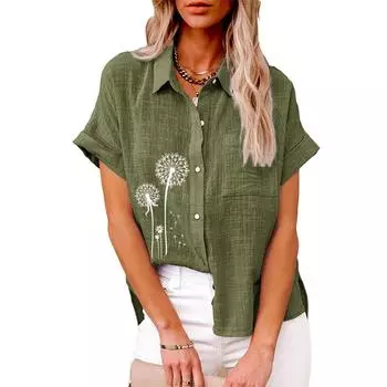 Женская льняная блузка больших размеров с цветочным принтом, короткий рукав, повседневная женская футболка на пуговицах S белый