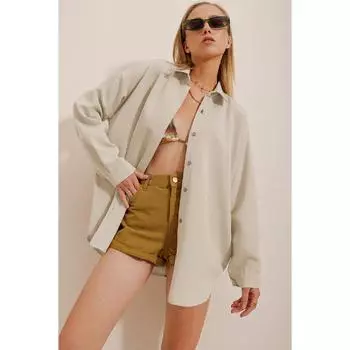 Женская льняная рубашка оверсайз бежевого цвета Alc-x10343