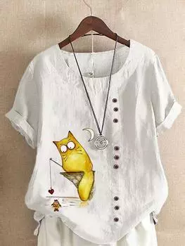 Женская льняная рубашка с круглым вырезом и коротким рукавом, футболка с принтом мультяшных кошек, летняя женская повседневная блузка больших размеров, топы XS зелёный