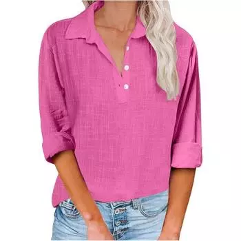 Женская льняная рубашка свободного покроя с V-образным вырезом на пуговицах Блузки и рубашки Верхняя женская одежда S розы красного