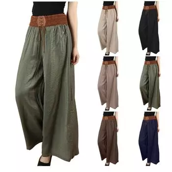Женская льняная уличная одежда с широкими штанинами, повседневная удобная одежда для отпуска, повседневная, на каждый день, с карманами для выходных, длинные удобные простые брюки One Size