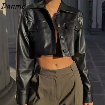 Женская лакированная кожаная куртка Danmo, повседневные укороченные топы из искусственной кожи XS чёрный