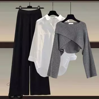 Женская легкая белая рубашка с лацканами на весну-лето и осень + свободные длинные широкие брюки + трикотажный свитер из трех предметов 4XL