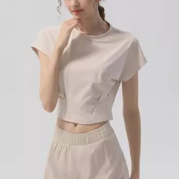 Женская легкая дышащая быстросохнущая рубашка облегающего кроя с коротким рукавом для занятий йогой и бегом S грязно-белый