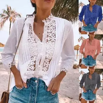 Женская легкая кружевная лоскутная полая кружевная блузка, однотонная футболка на пуговицах с длинными рукавами, топ