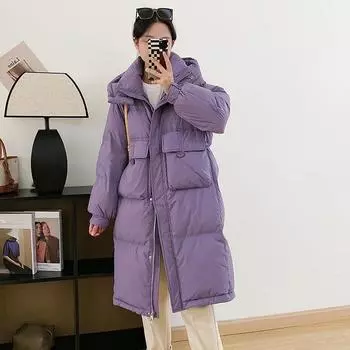 Женская легкая куртка-пуховик осень-зима с длинным капюшоном, свободный прямой белый пуховик с воротником-стойкой, большой карман, однотонный цвет One Size фиолетовый