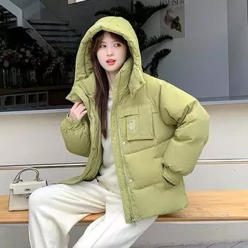 Женская легкая куртка-пуховик с коротким капюшоном, свободная, прямая, белая, пуховая куртка, осень-зима, воротник-стойка, карман, однотонная S чёрный