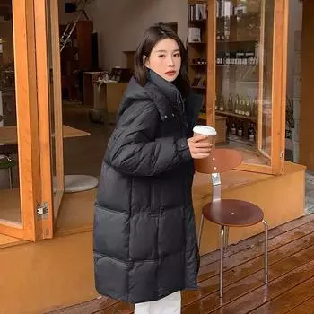 Женская легкая куртка-пуховик средней длины, осень-зима, с капюшоном, свободный прямой белый пуховик, воротник-стойка, карман с пряжкой на бычьем роге, однотонный цвет One Size чёрный