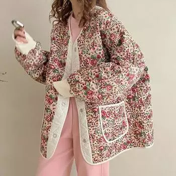 Женская легкая куртка с цветочным принтом в стиле ретро, свободная куртка свободного покроя L розовый