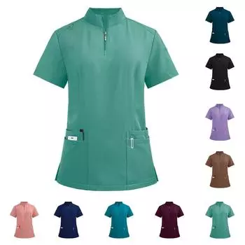 Женская легкая однотонная рубашка с воротником-стойкой, карманом на молнии и боковыми разрезами, короткими рукавами L чёрный