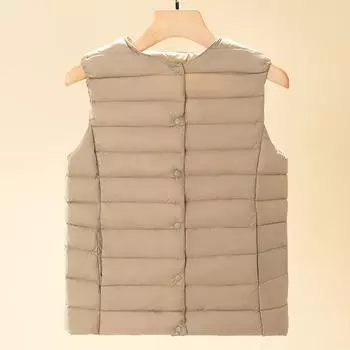 Женская легкая пуховая куртка, однотонная, жилет с карманами L хаки