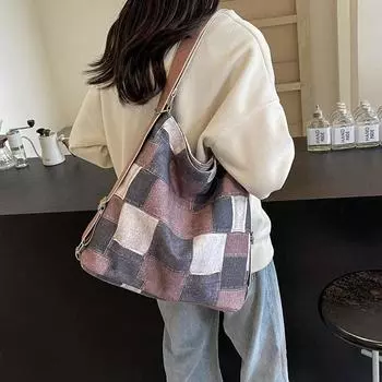 Женская легкая сумка в клетку Большая вместительная сумка через плечо через плечо чёрный