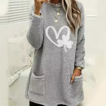 Женская легкая свободная плюшевая куртка с длинными рукавами, круглым вырезом, рождественскими буквами и цветочным карманом 5XL