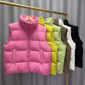 Женская легкая термокуртка без рукавов на белом утином пуху с широкими карманами и свободным жилетом S бежевый