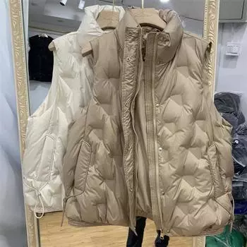 Женская легкая термокуртка без рукавов на белом утином пуху, шикарный свободный жилет с воротником-стойкой S бежевый