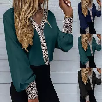 Женская леопардовая блузка с v-образным вырезом и длинным рукавом, женские повседневные свободные топы, футболка