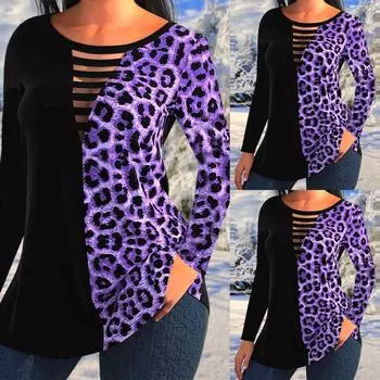 Женская леопардовая туника больших размеров с длинным рукавом, женская повседневная футболка Looe, блузка 1XL фиолетовый