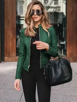 Женская летная куртка из искусственной кожи, верхняя одежда на молнии, осенняя мода 2024 года, короткие тонкие женские куртки, офисные женские повседневные пальто S чёрный