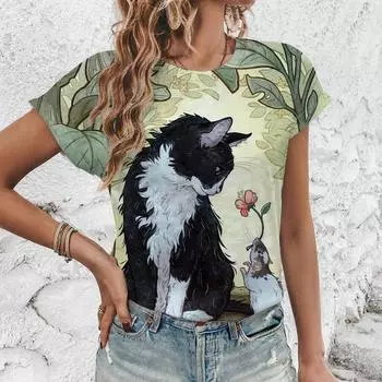 Женская летняя 3D забавная женская футболка с коротким рукавом с принтом «Кошки» S