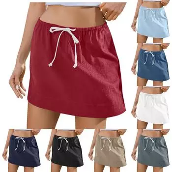 Женская летняя эластичная однотонная свободная короткая юбка с завязками L чёрный