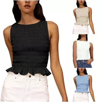 Женская летняя эластичная сексуальная майка с оборками и облегающим вырезом на шее L бежевый