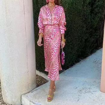 Женская летняя элегантная рубашка с длинным рукавом с принтом и высокой талией, комплект юбки S зелёный