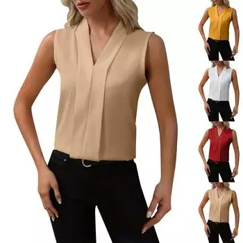 Женская летняя элегантная темпераментная повседневная блузка без рукавов с v-образным вырезом, однотонная женская блузка L хаки