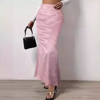 Женская летняя элегантная жаккардовая атласная юбка до бедра с высокой талией S розовый