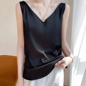 Женская летняя атласная майка без рукавов с V-образным вырезом, базовая приталенная рубашка с широкими бретелями из искусственного шелка U-образной формы, мягкий жилет для повседневной носки, работы, путешествий L кирпич красный