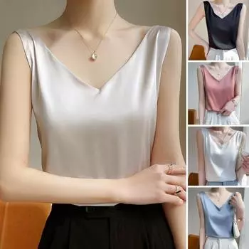 Женская летняя атласная майка без рукавов с v-образным вырезом, базовая приталенная рубашка из искусственного шелка с широкими ремешками L кирпич красный