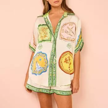 Женская летняя атласная повседневная рубашка с принтом, шорты с карманами и пуговицами, комплект S разноцветный