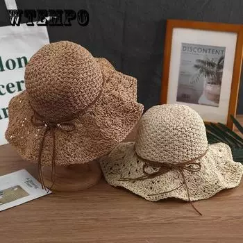 Женская летняя ажурная соломенная шляпа с бантом, солнцезащитная шляпа, складная пляжная шляпа для отпуска, вязаная крючком рыбацкая шляпа, универсальная шляпа от солнца Onesize