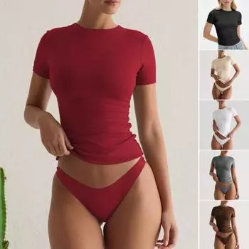 Женская летняя базовая футболка с круглым вырезом и короткими рукавами, облегающая однотонная эластичная футболка, уличная одежда L кофейный