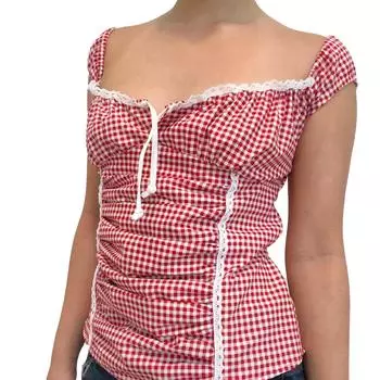 Женская летняя базовая футболка с завязками на спине, клетчатый принт, короткие рукава, топы для уличной моды, эстетическая одежда S красный
