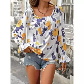 Женская летняя без бретелек свободная сетчатая футболка с рюшами и длинными рукавами с принтом S белый