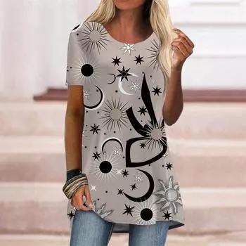 Женская летняя бежевая футболка с лунным принтом больших размеров, удобная футболка с короткими рукавами и круглым воротником, повседневные мешковатые футболки средней длины XS бежевый