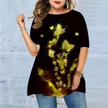 Женская летняя блестящая бабочка с принтом больших размеров, удобная футболка с короткими рукавами и круглым вырезом, повседневная мешковатая футболка средней длины XS красный
